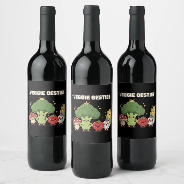 Veggie Besties | Cute Kawaii Cartoon Vegetable  Wine Label (Bottles)