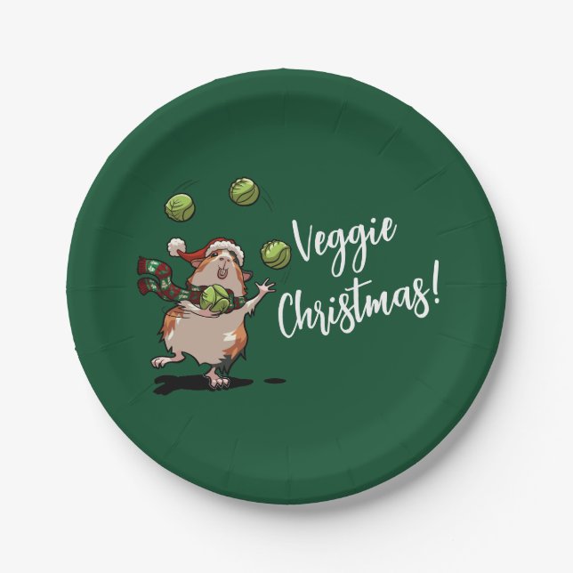 Veggie Christmas! Guinea Pig Juggling Sprouts Paper Plate (Front)