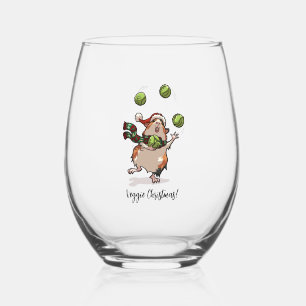 Veggie Christmas! Guinea Pig Juggling Sprouts Stemless Wine Glass