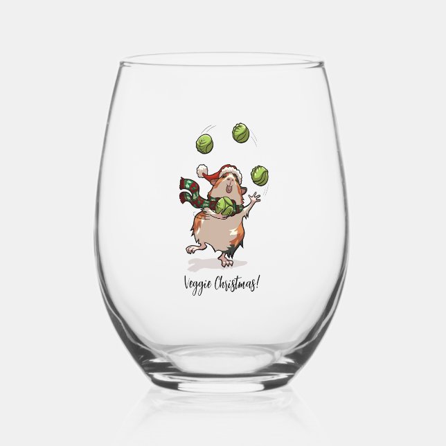 Veggie Christmas! Guinea Pig Juggling Sprouts Stemless Wine Glass (Front)