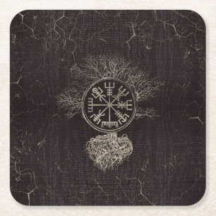 Vegvisir  and Tree of life  -Yggdrasil Square Paper Coaster