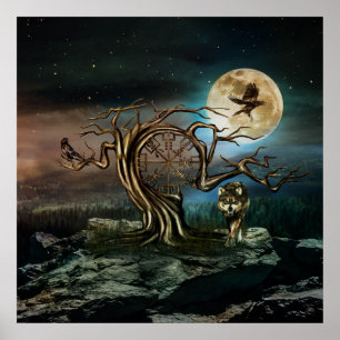 Vegvisir Tree Moon landscape Poster