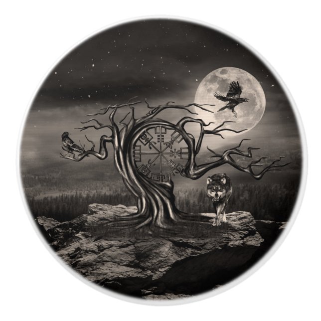 Vegvisir Tree Moon landscape - sepia Ceramic Knob (Front)