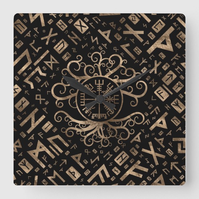 Vegvisir Tree of life Yggdrasil and Runes Square Wall Clock (Front)