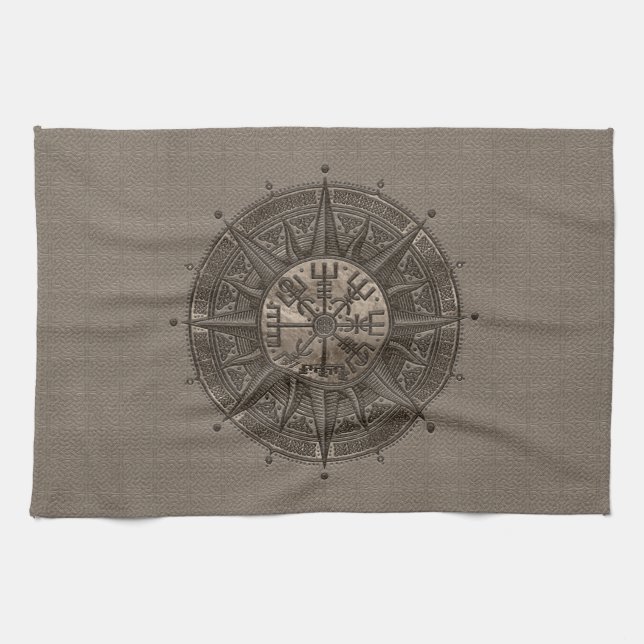 Vegvisir - Viking Compass - Beige Leather and gold Kitchen Towel (Horizontal)