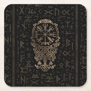 Vegvisir - Viking Compass on Futhark pattern Square Paper Coaster