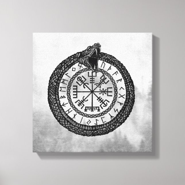 Vegvisir with Ouroboros and runes - grayscale Canvas Print (Front)