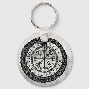 Vegvisir with Ouroboros and runes - grayscale Keychain