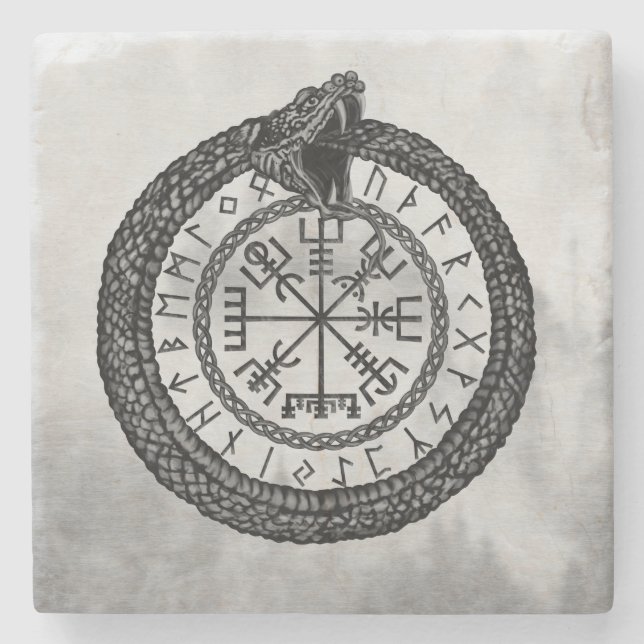 Vegvisir with Ouroboros and runes - grayscale Stone Coaster (Front)