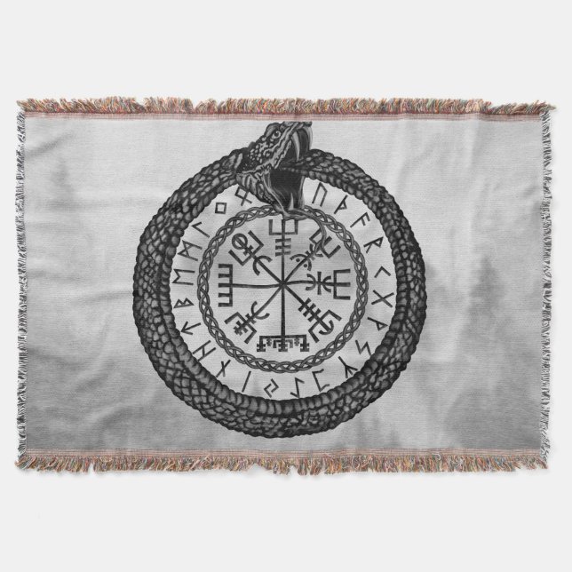 Vegvisir with Ouroboros and runes - grayscale Throw Blanket (Front)