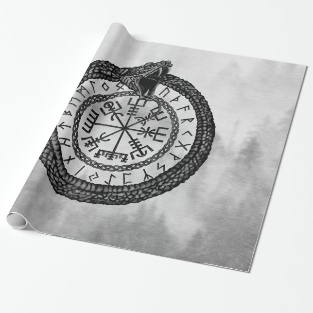 Vegvisir with Ouroboros and runes - grayscale Wrapping Paper (Unrolled)