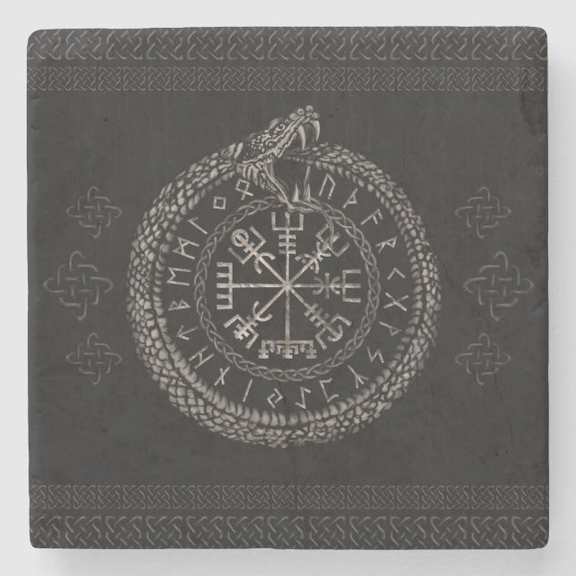 Vegvisir with Ouroboros and runes Stone Coaster (Front)
