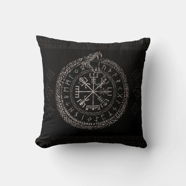 Vegvisir with Ouroboros and runes Throw Pillow (Front)