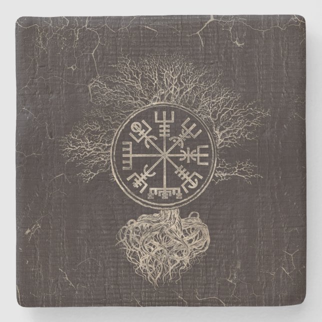 Vegvisir  with Tree of life Yggdrasil Stone Coaster (Front)