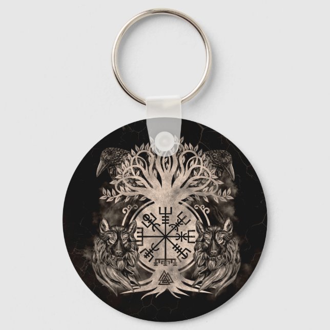 Vegvisir -Yggdrasil With Ravens & Wolves Keychain (Front)