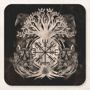 Vegvisir -Yggdrasil With Ravens & Wolves Square Paper Coaster