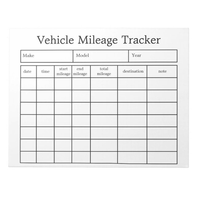 Vehicle Mileage Tracker Notepad (Front)
