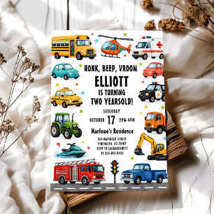 Vehicles 2nd Birthday Party Invitation