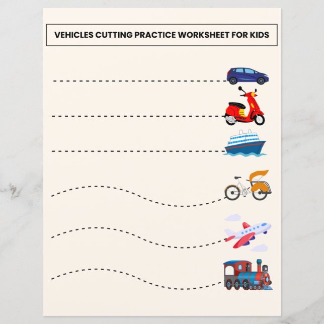VEHICLES CUTTING PRACTICE WORKSHEET FOR KIDS (Front)