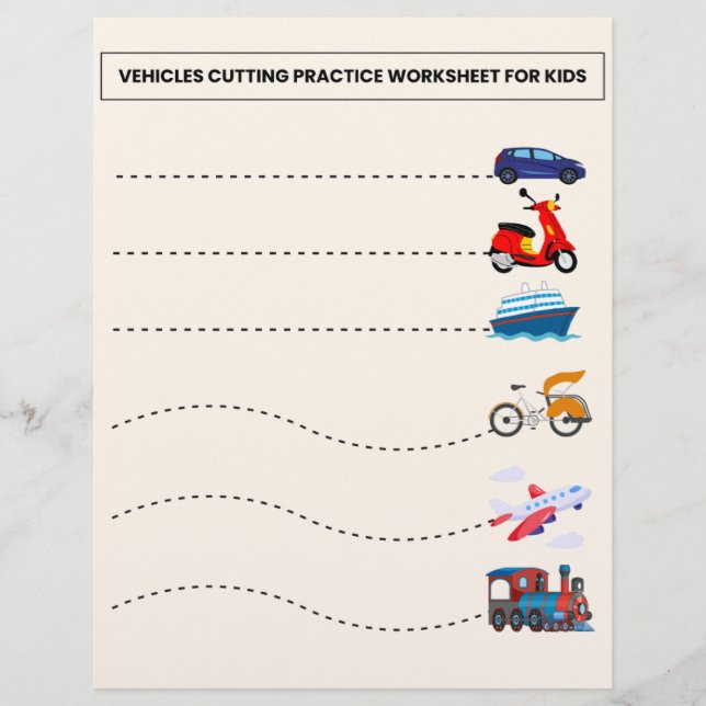 VEHICLES CUTTING PRACTICE WORKSHEET FOR KIDS FLYER (Front)