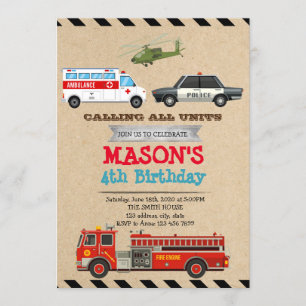 Véhicules d'urgence Invitation d'anniversaire