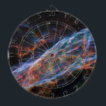 Veil Nebula Supernova Remnants Hubble Telescope Dartboard<br><div class="desc">In the Veil Nebula, the ghosts of a colossal stellar explosion linger. Threads of glowing red hydrogen weave through the nebula, energized by the fading shockwave. Pockets of blue oxygen gas and wisps of green nitrogen gas add an eerie beauty to the celestial tapestry. This hauntingly colourful image captures the...</div>
