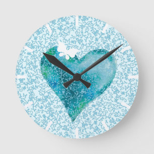 Veiled Blue Heart & Butterfly Round Clock