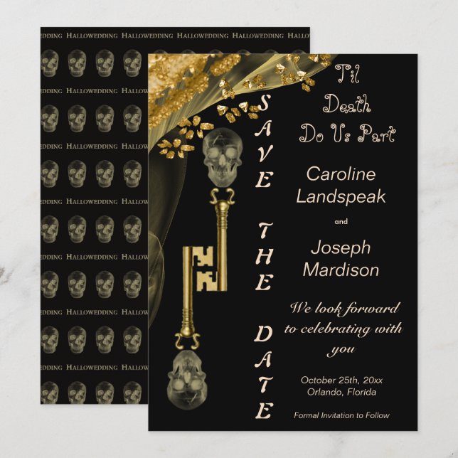 Veiled Gold Nuggets & Skeleton Keys Hallowedding I Invitation (Front/Back)