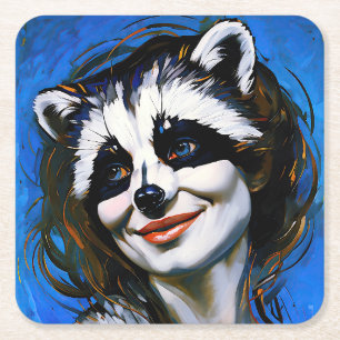 “Velka Teyani” Whispering Raccoon Trickster Square Paper Coaster