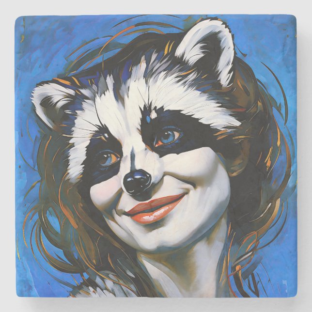 “Velka Teyani”  Whispering Raccoon Trickster  Stone Coaster (Front)