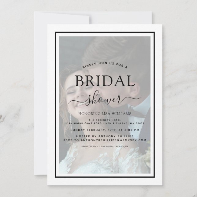 Vellum Black Script Photo Overlay Bridal Shower Invitation (Front)
