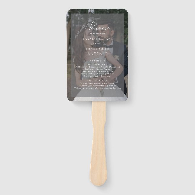 Vellum Black & White Overlay Photo Wedding Program Hand Fan (Front)