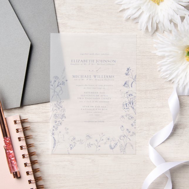 Vellum Chinoiserie Blue Victorian Floral Wedding Invitations (Wedding)