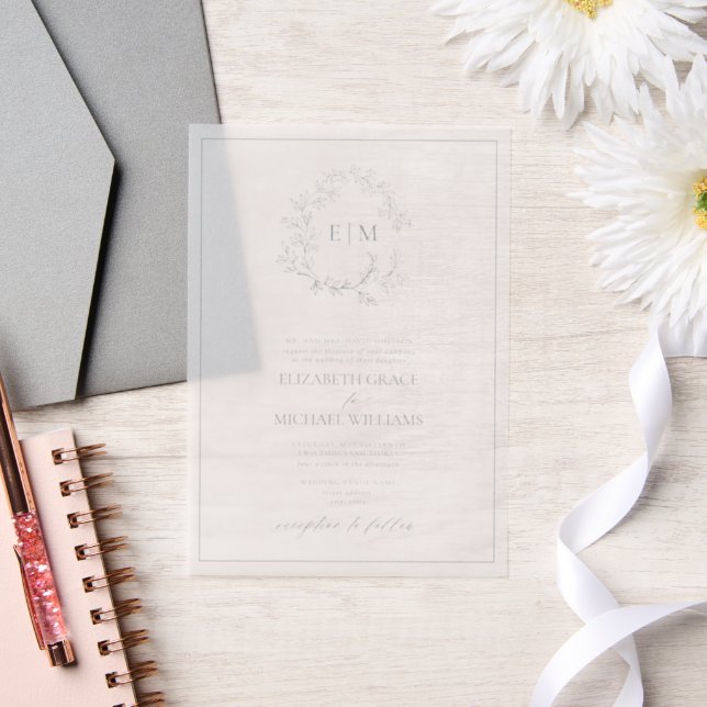 Vellum Dusty Blue Leafy Crest Monogram Wedding Invitations (Wedding)