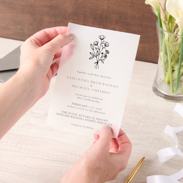 Vellum Lettering Flower Bouquet Botanicals Vellum Invitations (Handheld)