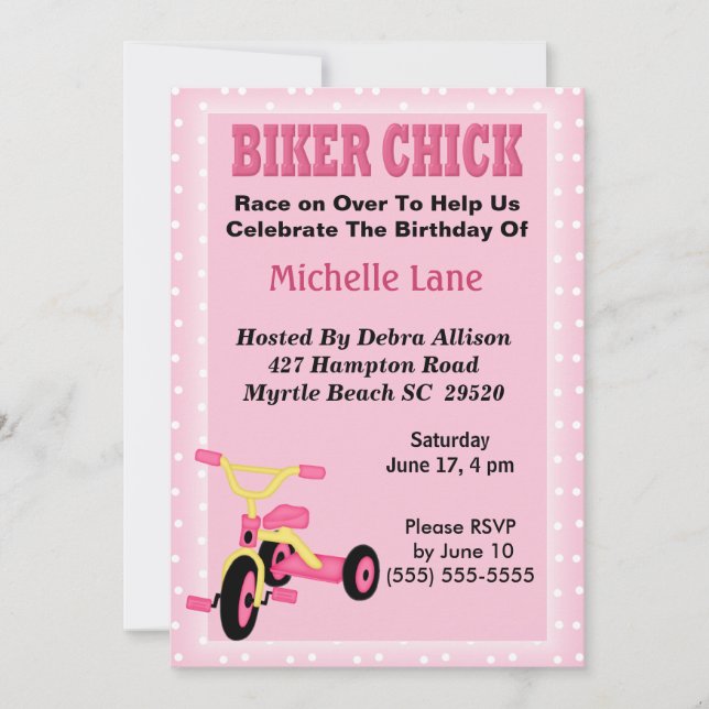 Vélo Chick Tricycle Invitation Anniversaire (Devant)