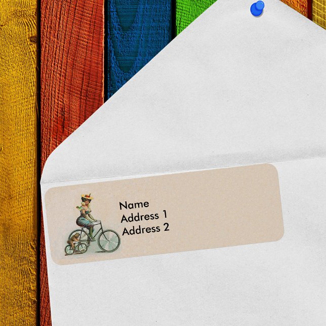 Vélo vintage Victorien Lady Chien (Return address label with Victorian lady and bulldog riding their bicycles on tan background.)
