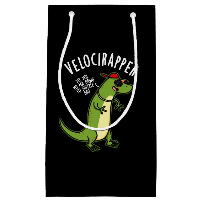 Veloci-rapper Funny Dinosaur Pun Dark BG Small Gift Bag (Front)