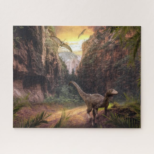 Velociraptor & Pterosaur in Prehistoric Landscape Jigsaw Puzzle (Horizontal)
