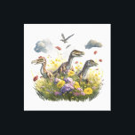 Velociraptors in a Meadow Canvas Print<br><div class="desc">Dinosaurs,  velociraptors running through a meadow,  Pteranodon in the sky. Celebrate Dinosaur Days in August.</div>