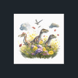 Velociraptors in a Meadow Canvas Print<br><div class="desc">Dinosaurs,  velociraptors running through a meadow,  Pteranodon in the sky. Celebrate Dinosaur Days in August.</div>