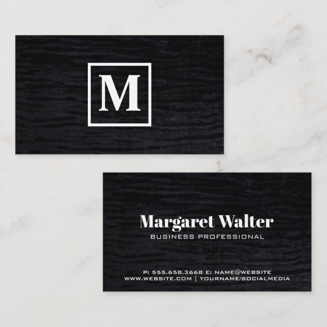 Velvet Black with Monogram Square Business Card (Front/Back)