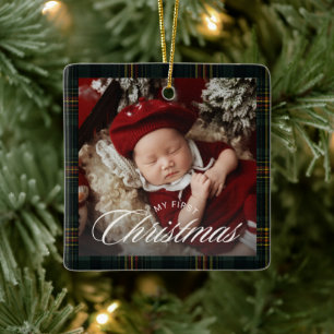 Velvet Bow Plaid Baby First Christmas Photo Ceramic Ornament