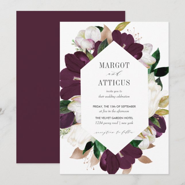 Velvet Magnolia and Ivory flower hexagon wedding Invitation (Front/Back)