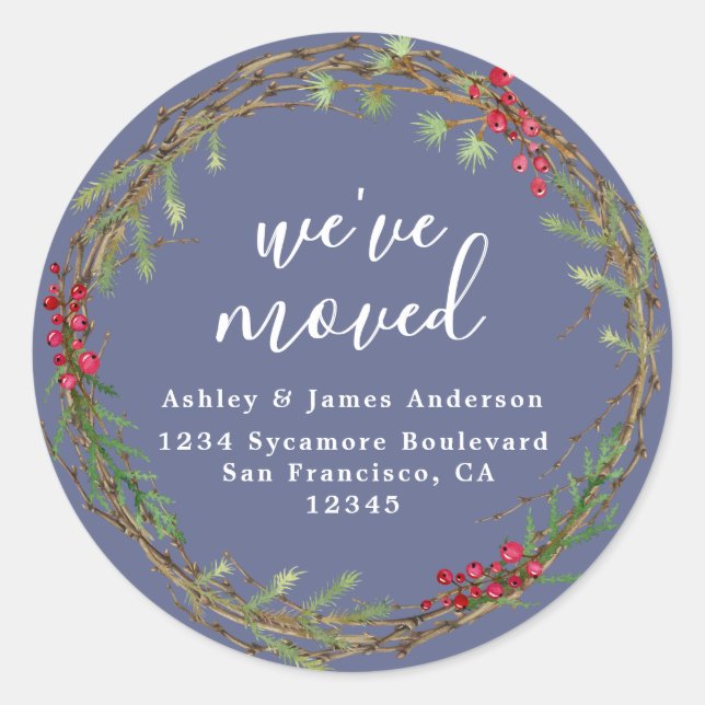 Velvet Morning Blue Weve Moved Address Classic Round Sticker (Front)