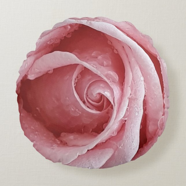 Velvet pink rose with raindrops round pillow (Front)