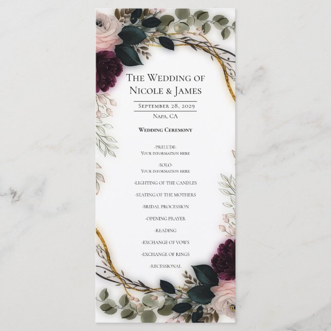 Velvet Plum Garden Floral Greenery Wedding  Menu (Front)