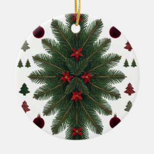 Velvet Red & Green Starburst Ceramic Ornament 