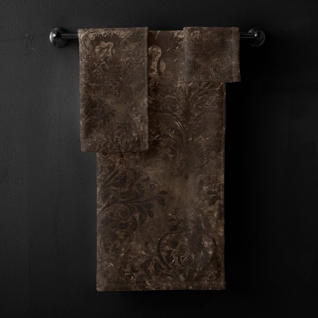 Velvety Bronze Damask | Brown Baroque Grunge Bath Towel Set (Creator Uploaded)