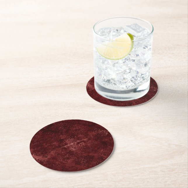 Velvety Henna Damask | Crimson Red Grunge Baroque Round Paper Coaster (Insitu)